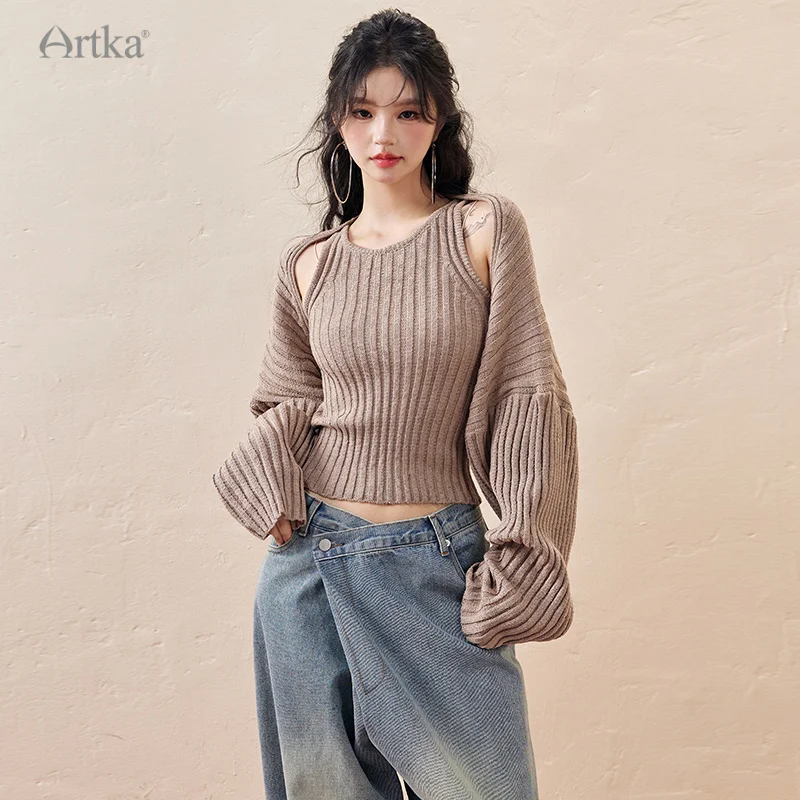 ARTKA 2023 Autumn New Women Cardigan Set Fashion Lazy Style Loose Cardigan Camisole Set Knitted Tank Top 2 Piece Set TZ92239Q