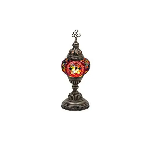 LaModaHome English Moroccan Handmade Mosaic Glass Table Lamp Light with Decorative Dark Copper Fixture for Bedroom, Livingroom a