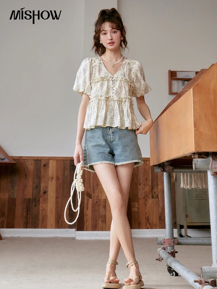 MISHOW French V-neck Floral Short Sleeve Chiffon Blouses for Women 2023 Summer Pleated Bubble Sleeved V Neck Doll Top MXC39X1294