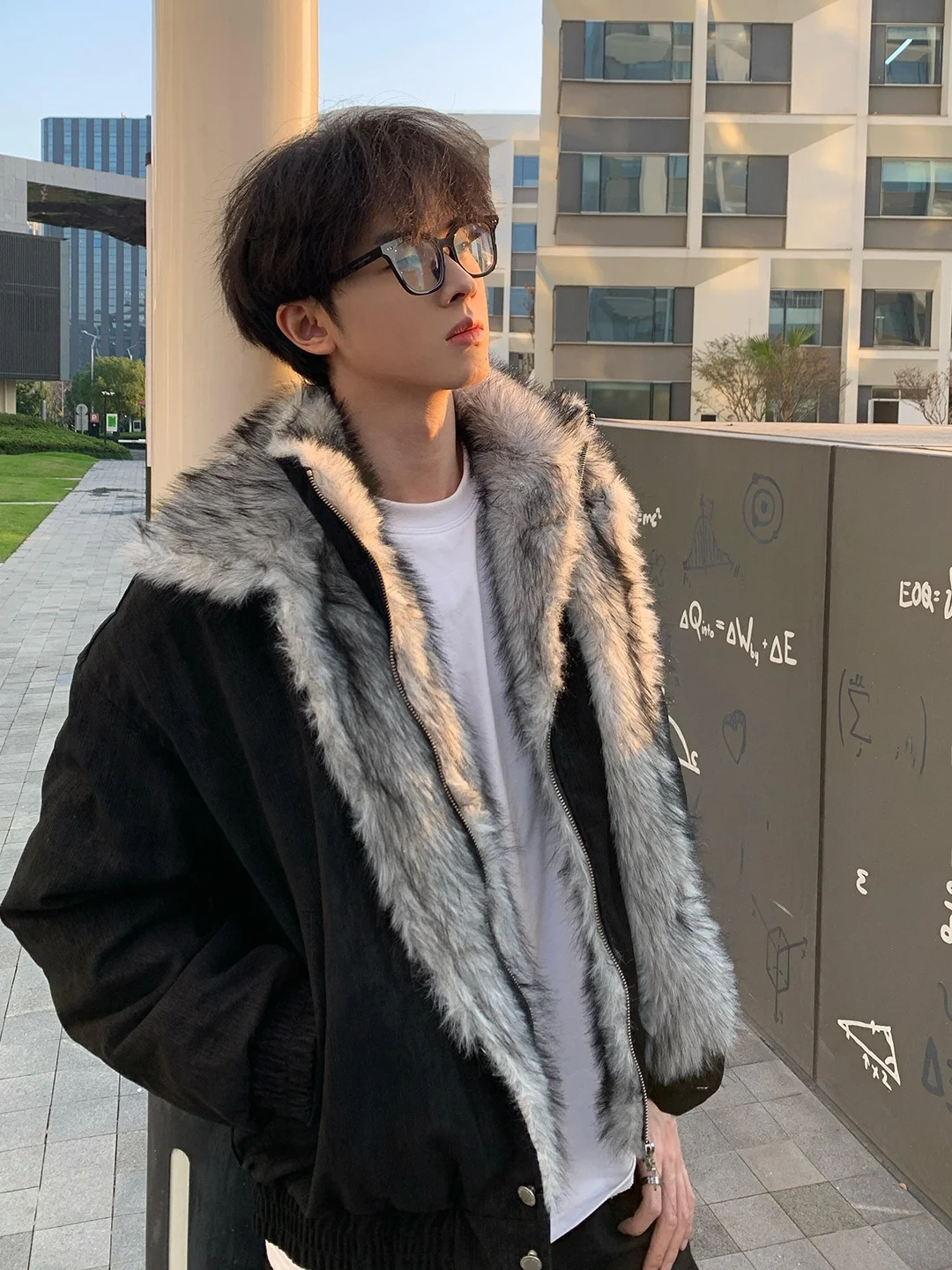 Men's Thickened Double Layer Collar Jacket Faux Wolf Fur Mountain Eagle Cotton Coat Warmth Youth Casual Long Sleeve Zipper