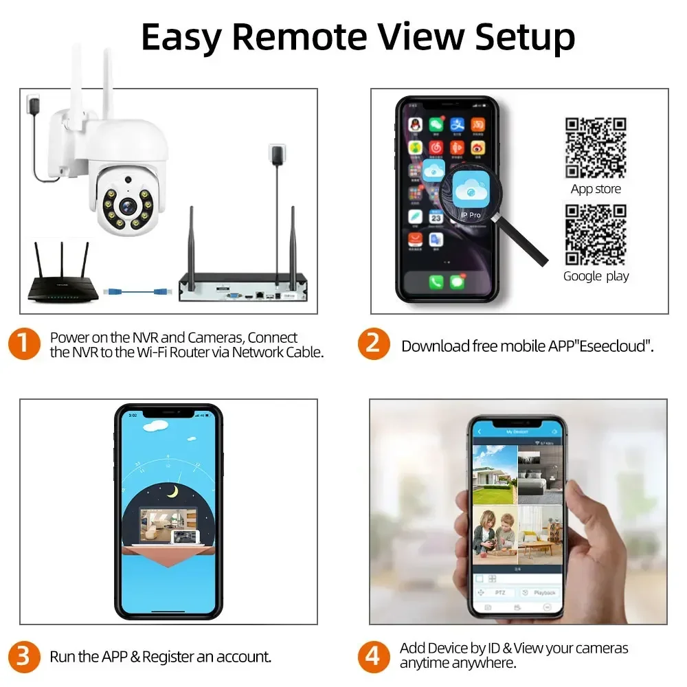 CCTV 카메라 시스템용 무선 NVR 녹음기, P2P IP 카메라 네트워크, 3MP 비디오 감시, P2P Eseecloud 앱, 8CH, H.265, 5MP, 16CH