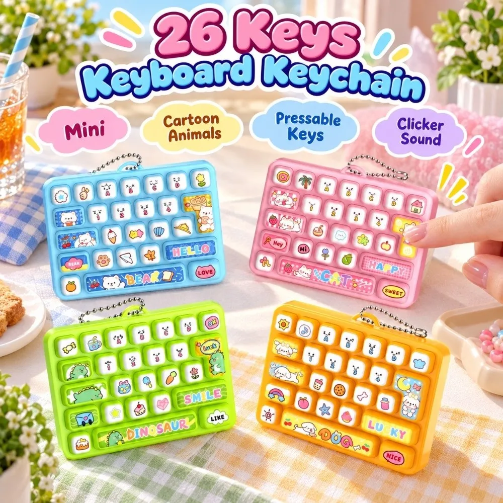 Mini 26 Keys Keyboard Keychain Cartoon Pressable Keys Fingertip Button Keyring Portable Animals Stress Relief Fidget