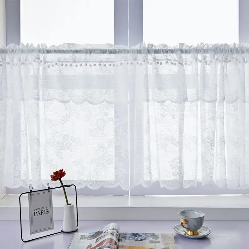 Solid Lace Short Tulle Curtains for Kitchen Bathroom Cafe White Pink Purple Window Valance Ready Made Window Screening Treatment