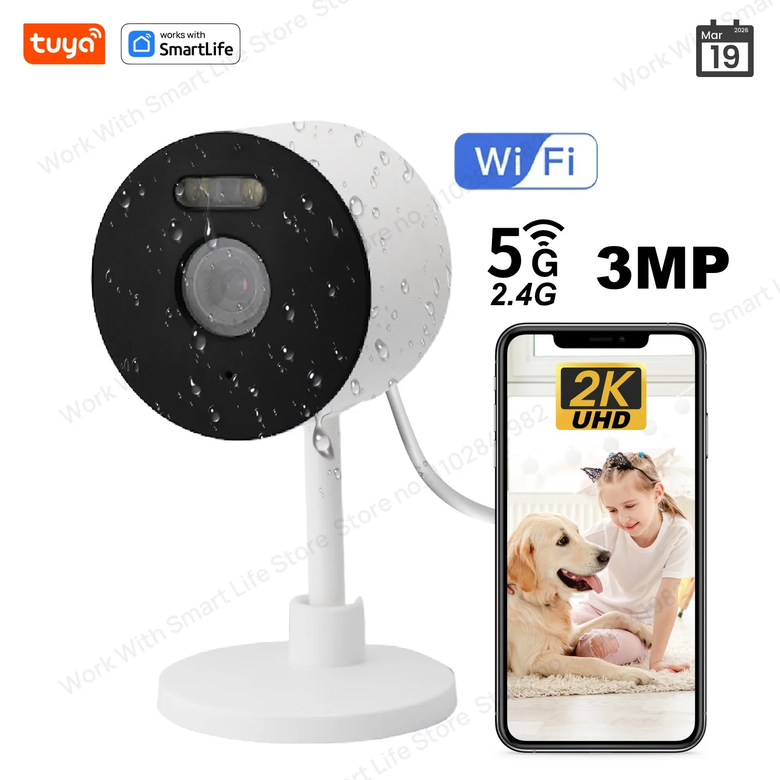 Câmera de Segurança Inteligente Tuya HD 3MP para Uso Interno/Externo, Câmera para Casa, Bebê/Idoso/Animal de Estimação com Aplicativo para Celular, Visão Noturna Colorida e Áudio Bidirecional