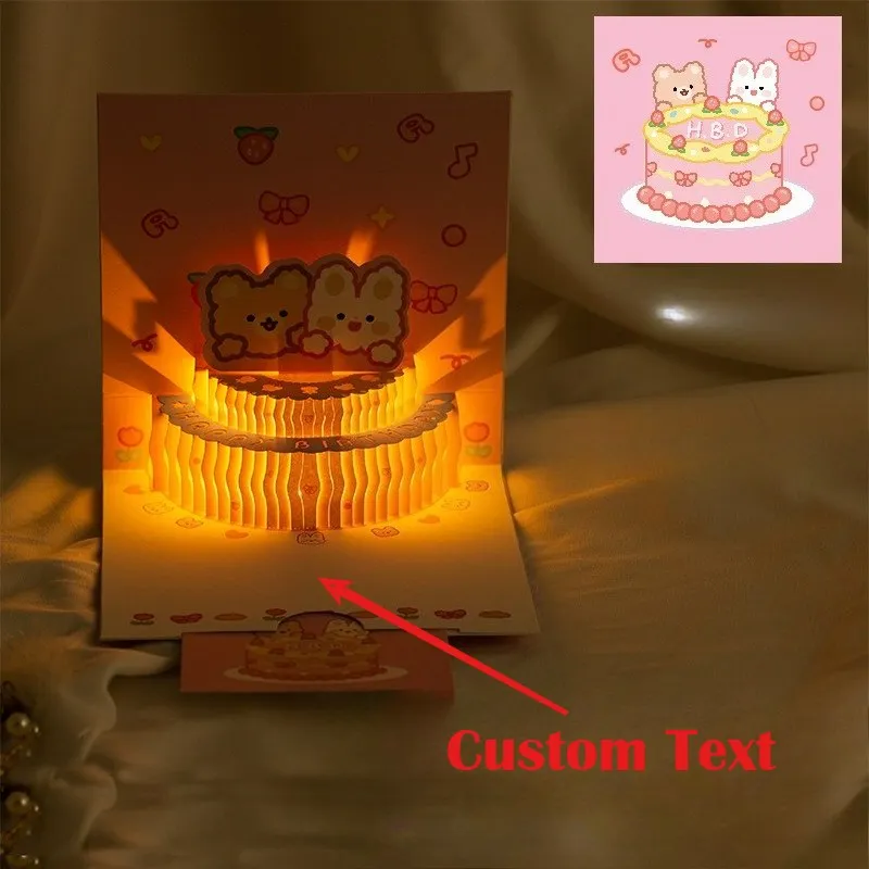 Birthday Card with Music and Lights, Korean Style Cute Bear Birthday Cake, Cartoon Creative 3D Greeting Card, Birthday Gift