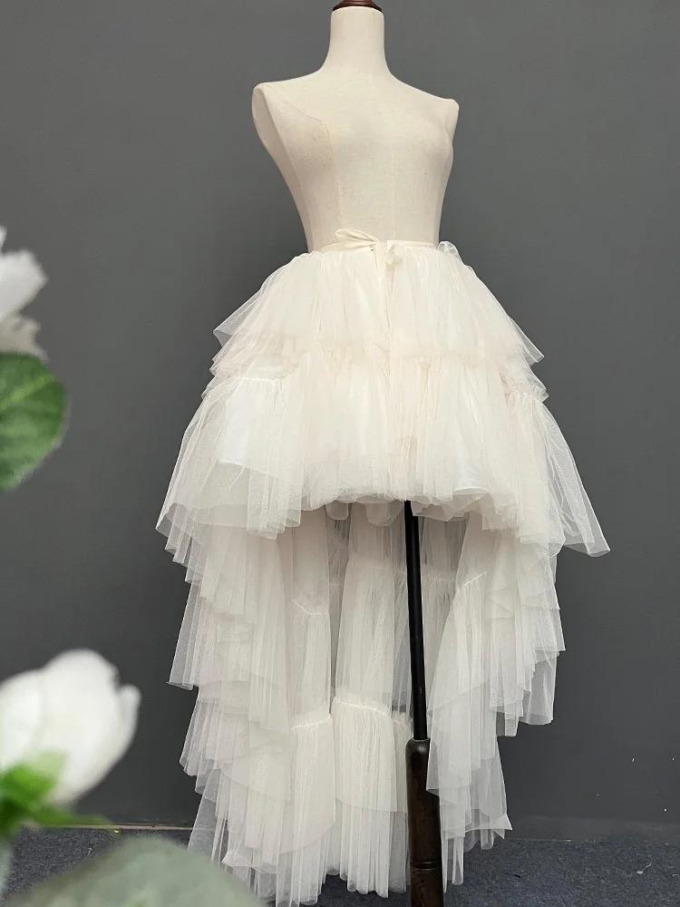 Dophee Front Short Back Long Mopping Floor Trailing Skirt Detachable Elegant Ruffles Cake Puffy Skirt Irregular Mesh Skirts