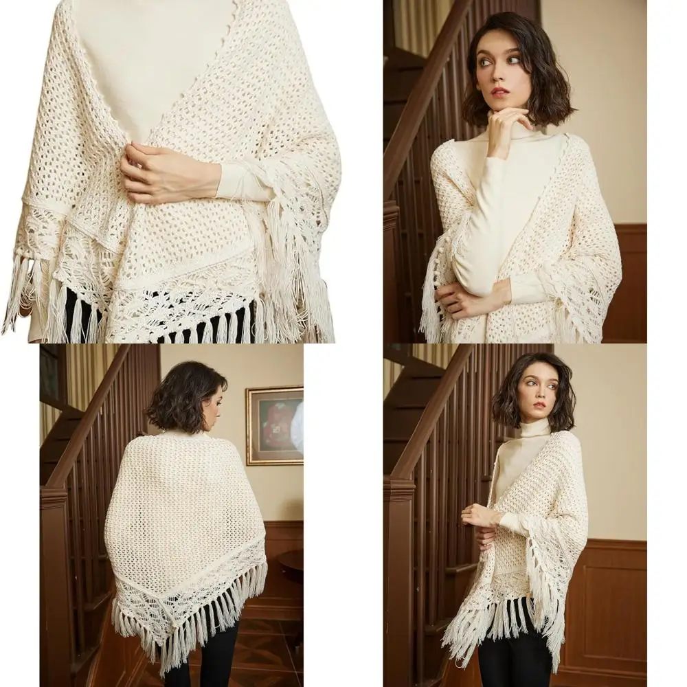 Luksusowy damski szal z mieszanki wełny z frędzlami i chwostami, dziergany dla komfortu.