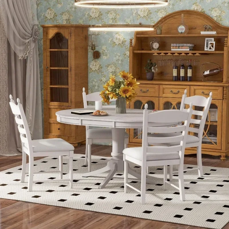 4 pièces pour cuisine et salle à manger avec table extensible ronde et quatre chaises à pied, style rustique rétro, meubles de maison