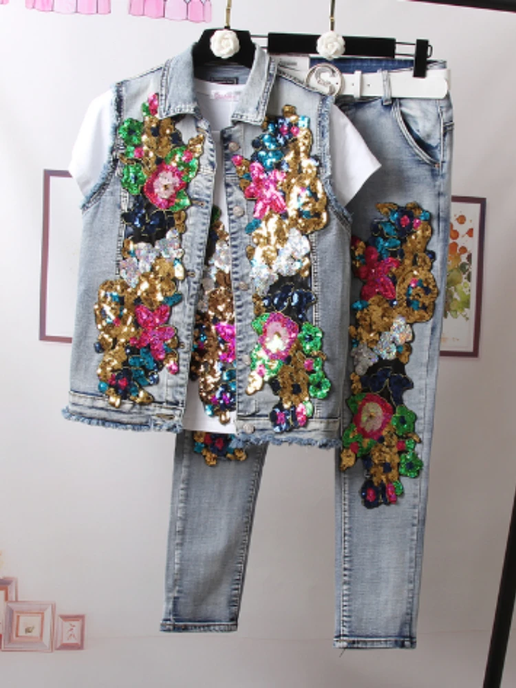 European Style Denim Suit Fashion Outfit Women New Flower Sequined Denim Jacket Short Jacket & Jeans Pants Two-Piece Set Female