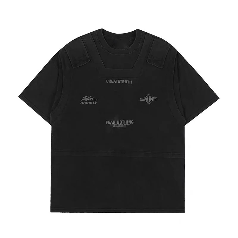 Men's Retro Vintage Workwear Short Sleeved T-shirt Street Hip-hop Trendy Niche Design Loose Tops Fake Bulletproof Vest T-shirt