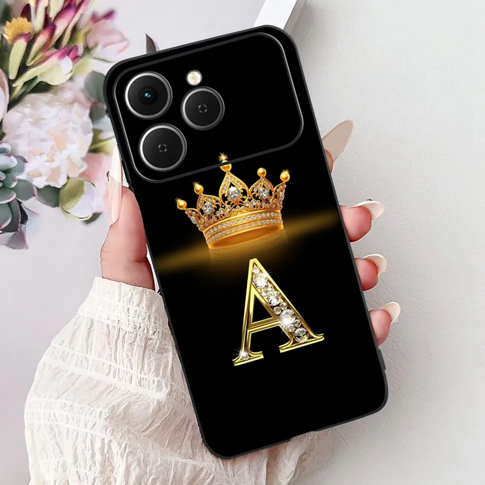 ل Tecno Spark 40 حافظة سوداء سيليكون فاخرة A-Z رسائل موضة الزهور تاج غطاء مقاوم للصدمات ل تكنو سبارك 40 جراب هاتف