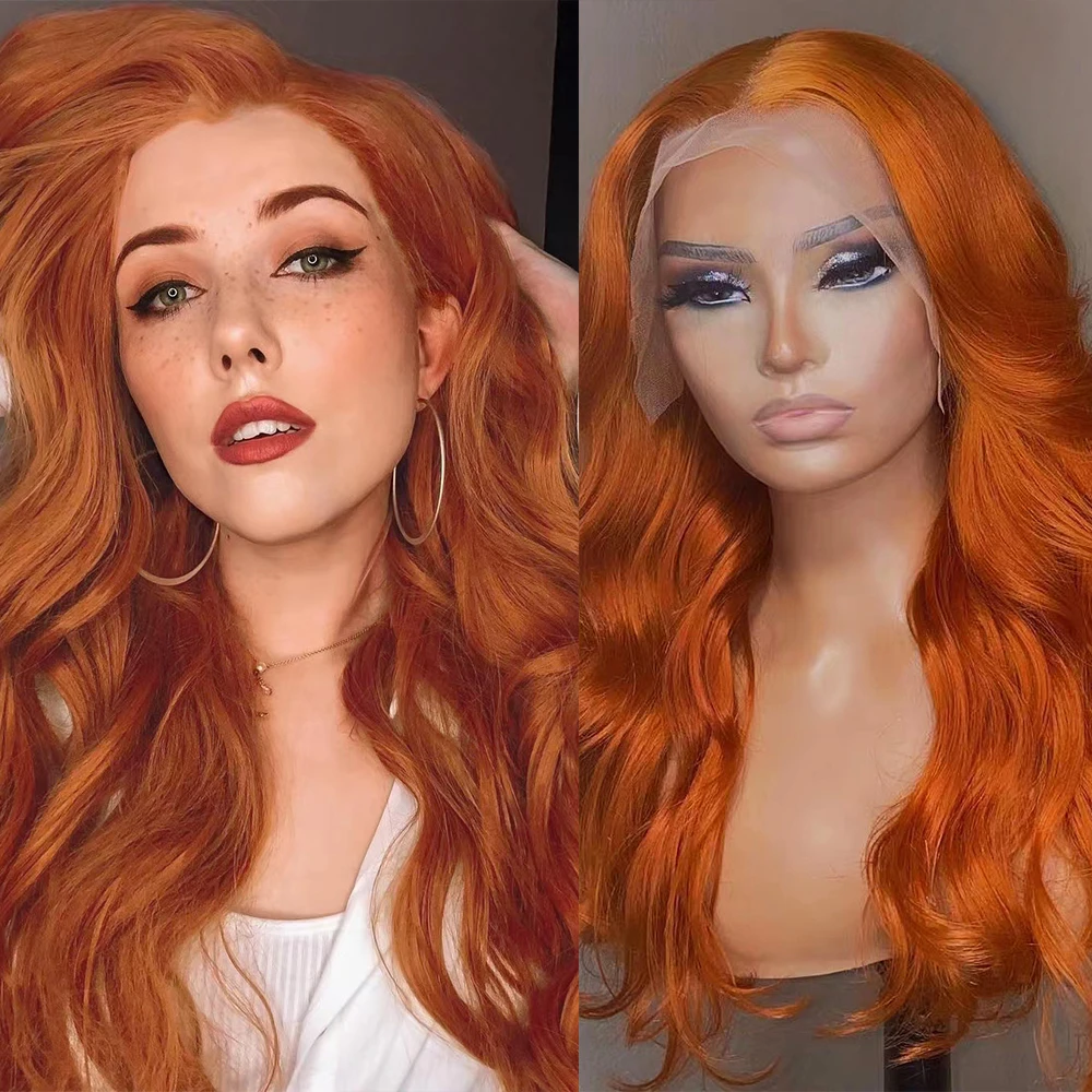 

WIF Orange Color Long Wavy Synthetic Lace Front Wig Body Wave Orange Hair Heat Fiber Fashion Wigs for Women Makeup Party Wear