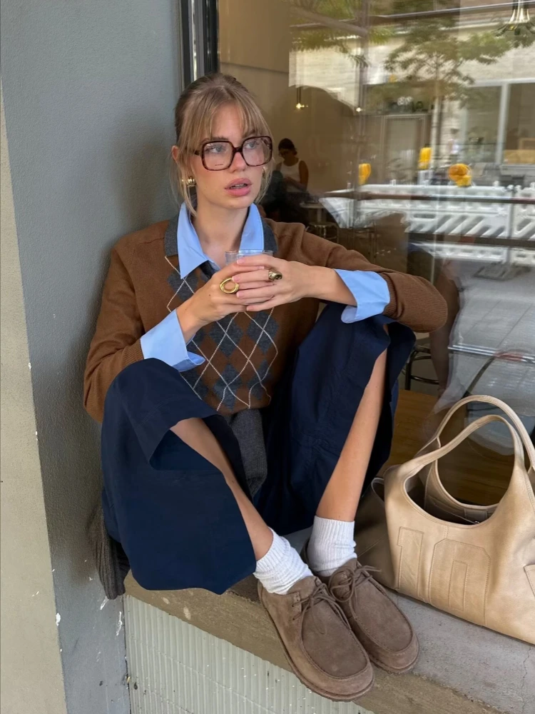 Женские винтажные коричневые свободные вязаные топы в клетку Argyle, женские повседневные пуловеры с воротником-поло и пуговицами, осенний новый женский трикотаж