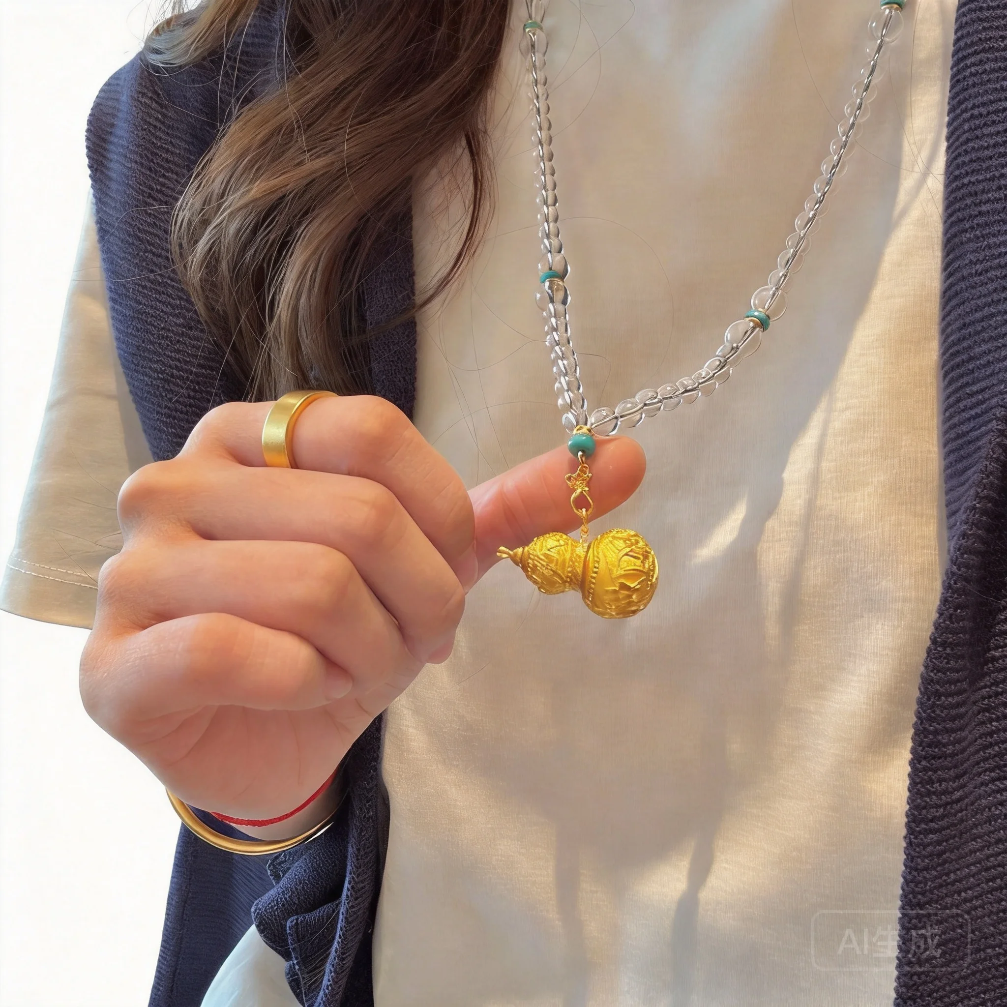 

Chinese Style Lucky Fortune Blessing Gourd Pendant Long Necklace Hand Strung Clear Quartz Turquoise Beaded Golden Engraved Elega