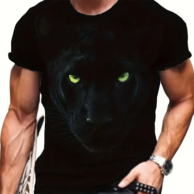 Herren 3D Black Panther Kopf-Print T-Shirt Realistisches Wildlife Grafik-T-Shirt Trendiges Casual-Oberteil Tier-Grafik T-Shirt Sommer-Shirts