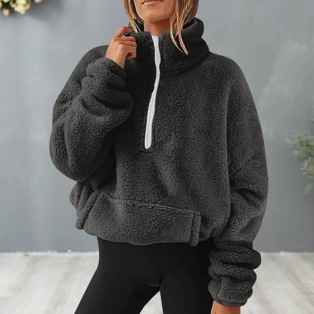 Korean Warm Fleece Fluffy Half Zip Hoodies Women Casual Fashion Thicked Sweatshirt Top 2023 Autumn Winter Clothing