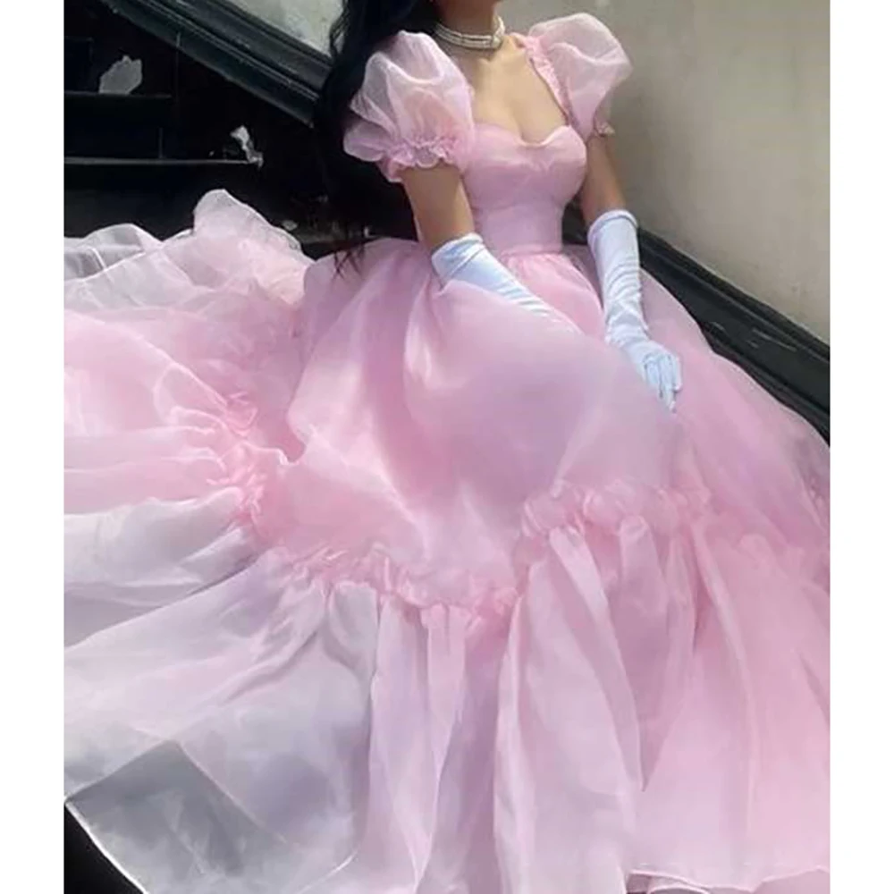 Custom Made Ball Gown Watercolor Pink Gradient Chiffon A-line Princess Dress Sweetheart Puff Sleeve Charming Tiered Evening Gown