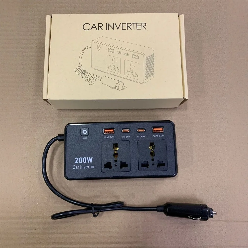 200W Car Power Inverter DC12V to AC220V PD Fast Charging Vehicle Inverter Charger Dual AC Sockets USB Type-C Ports