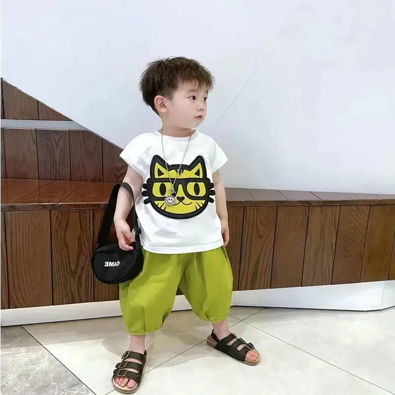 Boys' Cartoon Cat SuitTShirt and Capri Pants25Summer New Foreign Trade Children's Wear Delivery3-8Years Old