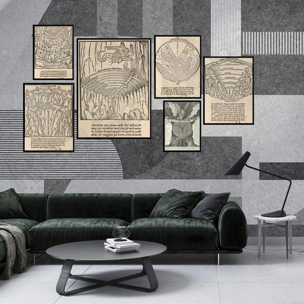 خريطة القرون الوسطى للجحيم جحيم الجحيم الإلهي الكوميديا دانتي خمر مخطوطة العتيقة القوطية التوضيح غرامة الفن ملصق الطباعة