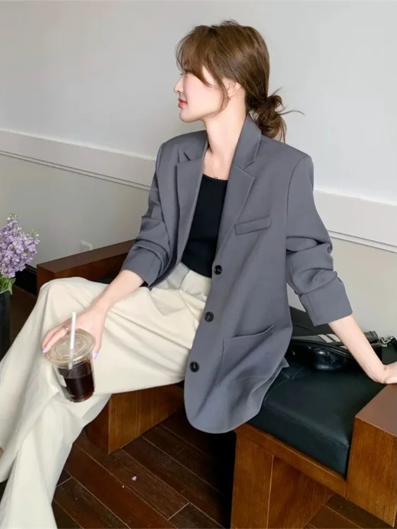 

Casual Style Grey Long Sleeve Suit Coat with Button Back Knot Split OL Commute Fashion Polyester Fiber Interview Bu...