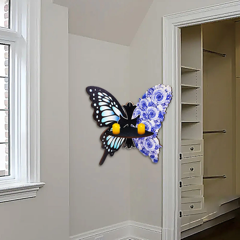 1pc，Wooden Color Sunflower Butterfly Straight Corner Hollow Creative Shape Storage Decorative Wall Shelf