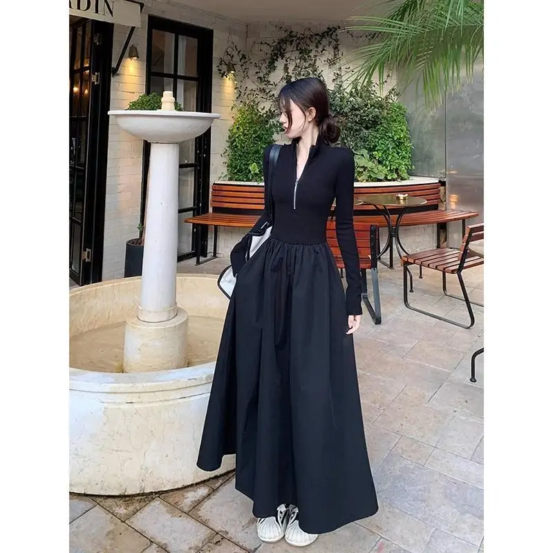 

Black Long Dresses French Style Casual Dress Pullovers Sweatshirt Vintage Dress Outerwear Turndown Oversized Women Slim Dresses