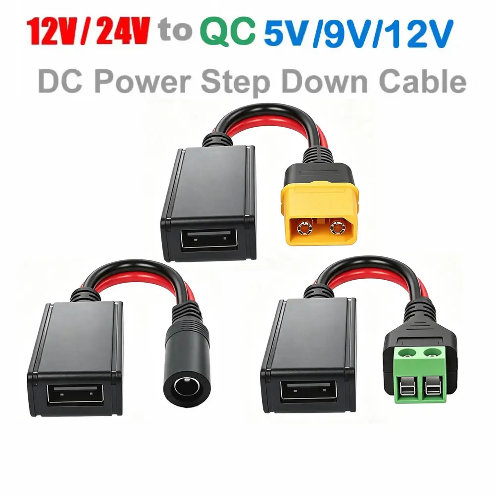 QC3.0 QC2.0 DC-DC Power Converter Buck Fast Charging Cable, XT60/2pin Solderless Terminal DC12V-24V to USB 5V Step Down Cable