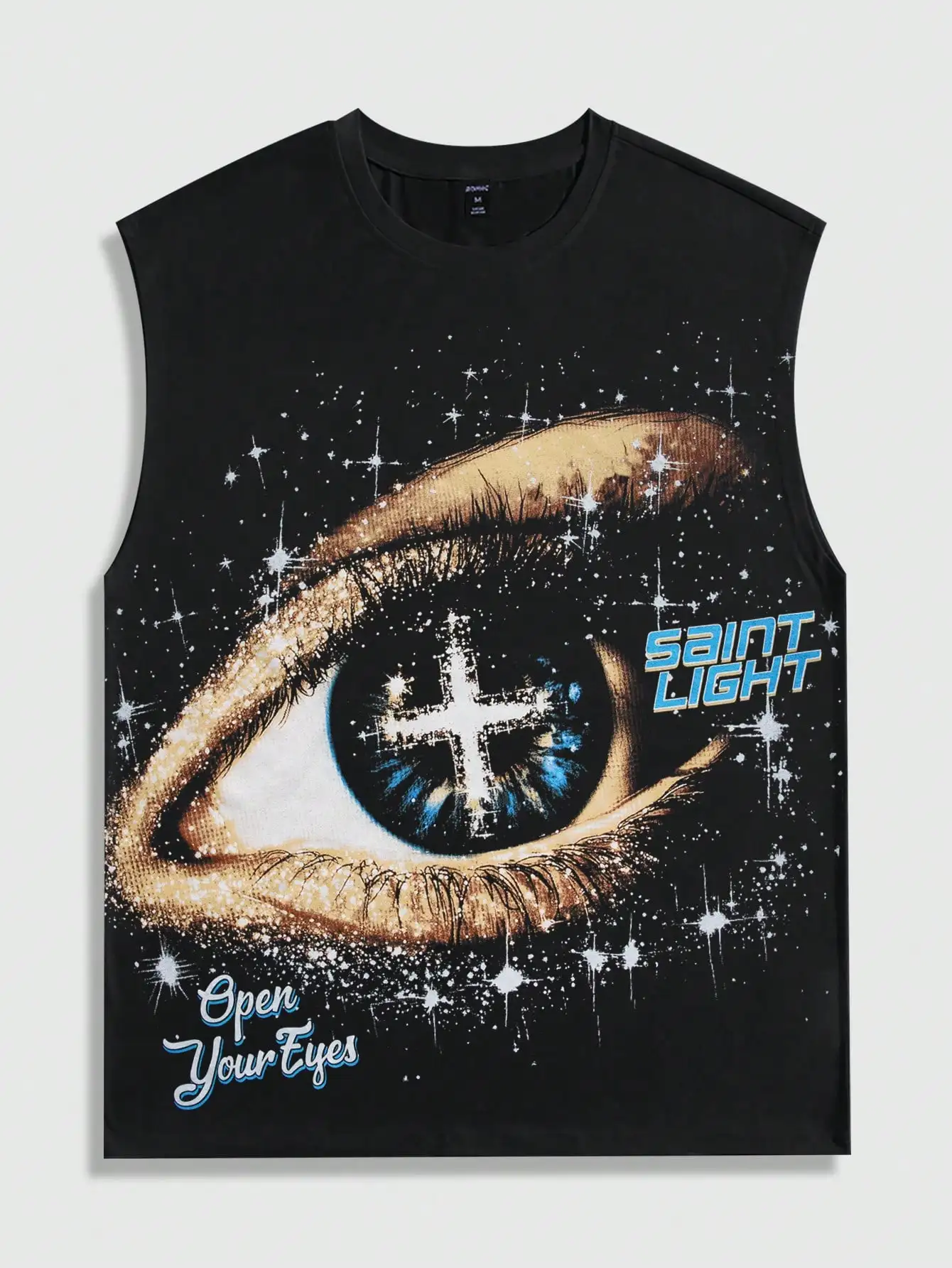 

Black Sleeveless Tank Top with Cosmic Eye Graphic Print, Casual Streetwear Style