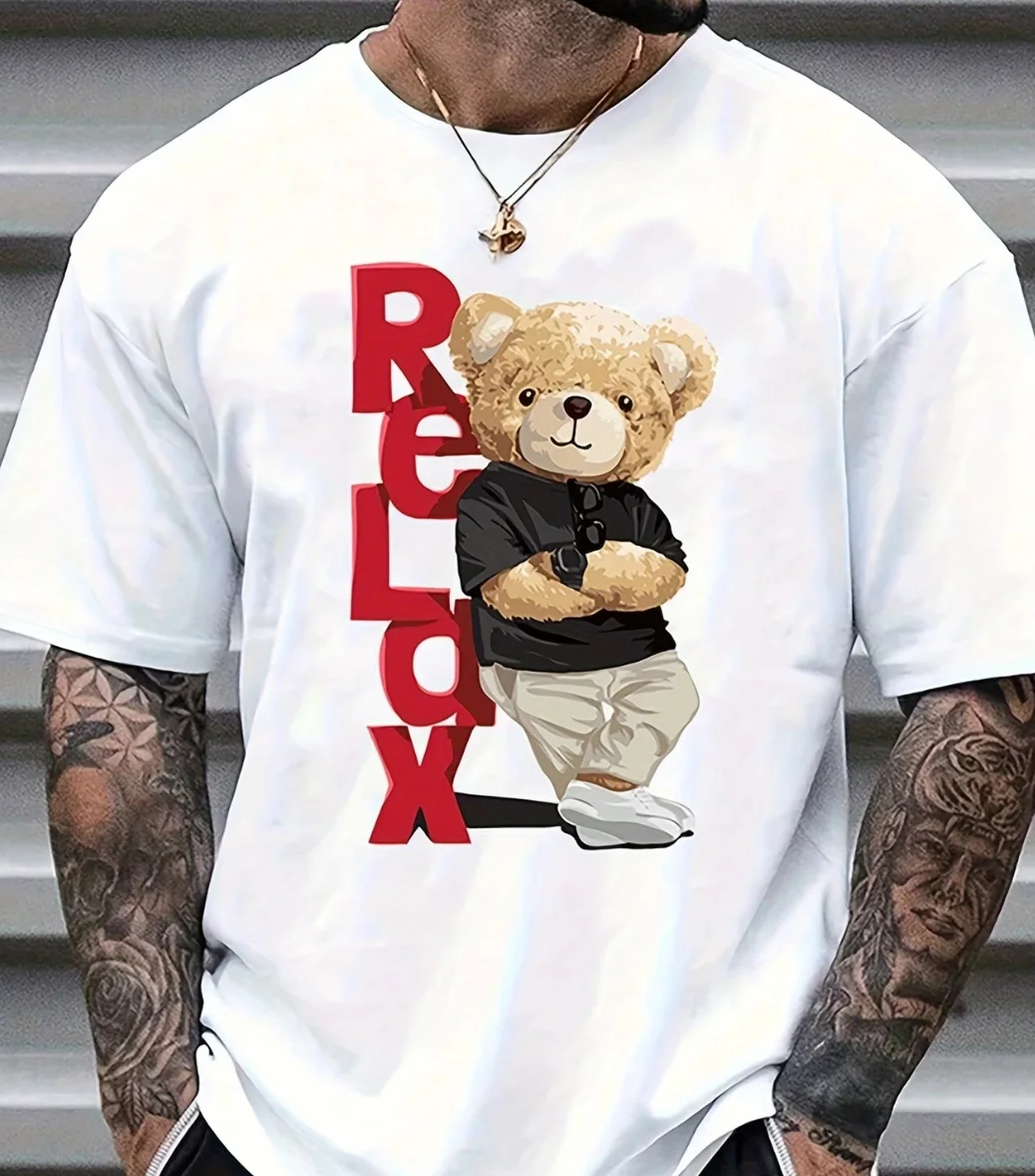 Men's Bear Print Short Sleeve T-Shirt - Summer Casual Round Neck Tee with Bear & Beech Tree Ink Drawing Regular Fit Opaque Shirt