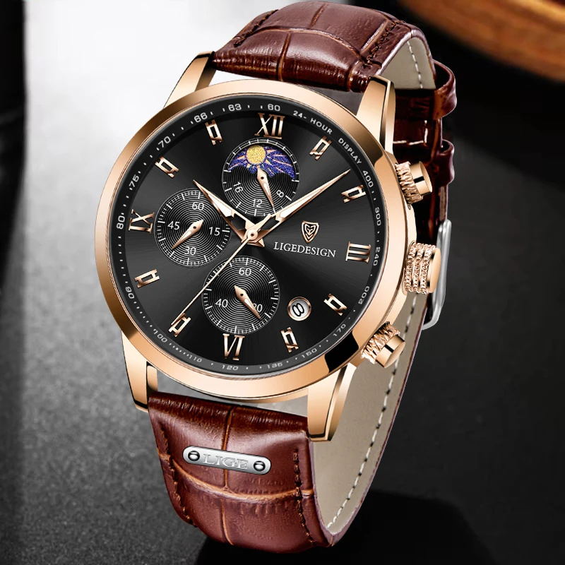 LIGE Brand Luxury Classic Leather Men\'s Watch Quartz Watch Date Chronograph Simple Daily Wear Watch for Men relogios masculino