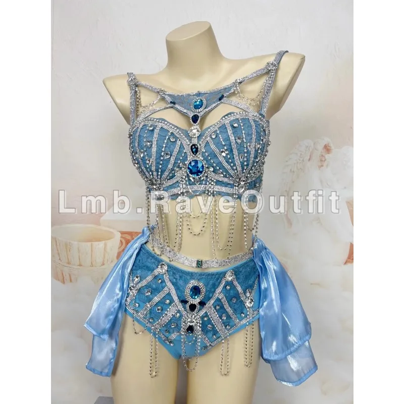 Personalizado azul sexy cheio de diamante sílaba elétrica salto di bikini bar festival música concerto samba carnaval trajes