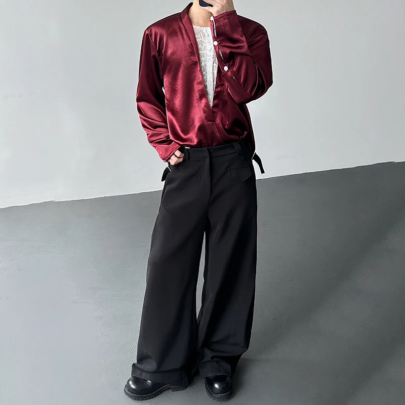 LUZHEN 2026 Spring High Quality Satin Solid Color Long Sleeve Shirts Men's Trendy Original Elegant Loose Big V-Neck Tops JY6752