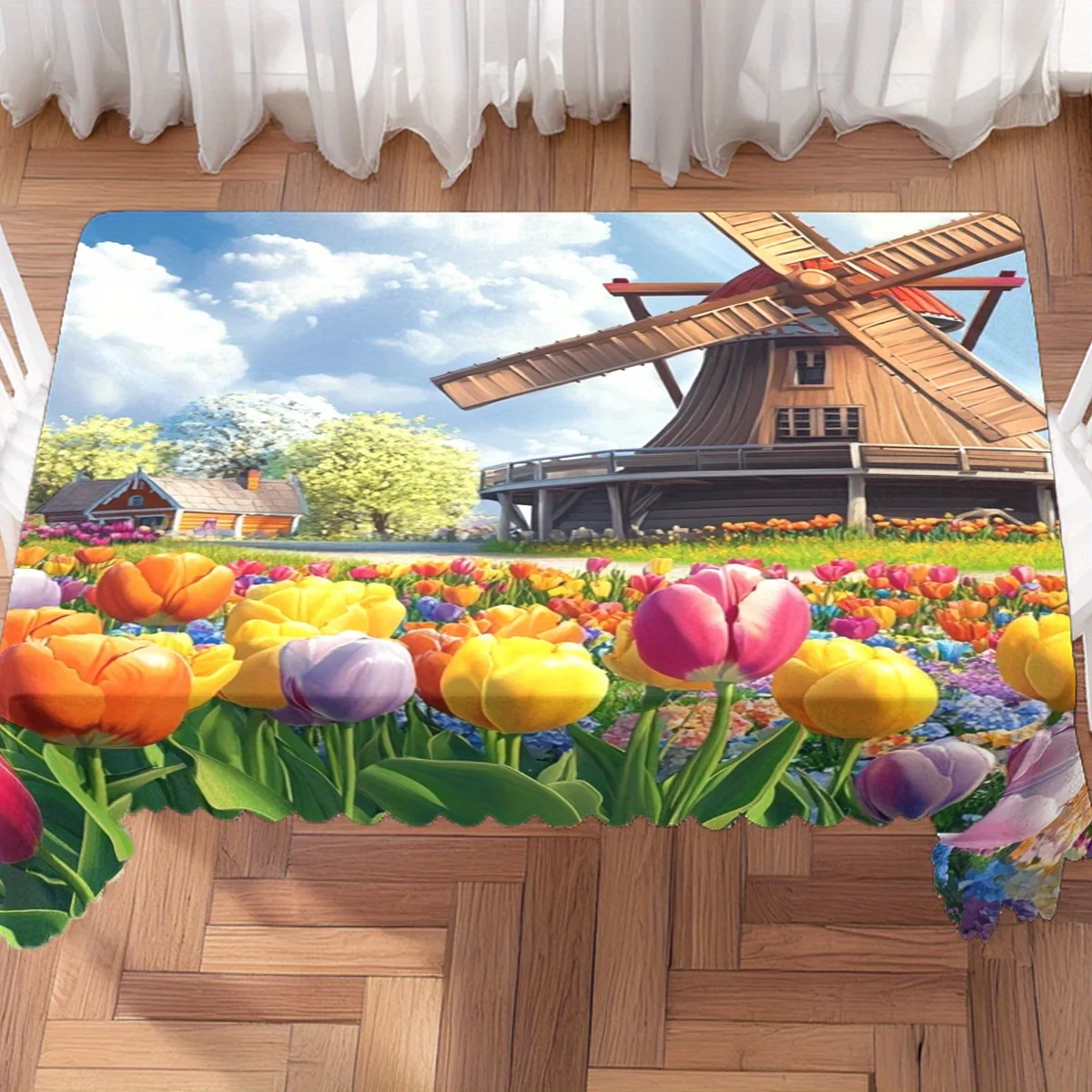 Windmill Tablecloth, Dutch Windmill Colorful Tulip Field Print Cover, Washable Table Cloth for Party,Pastoral Country Home Table