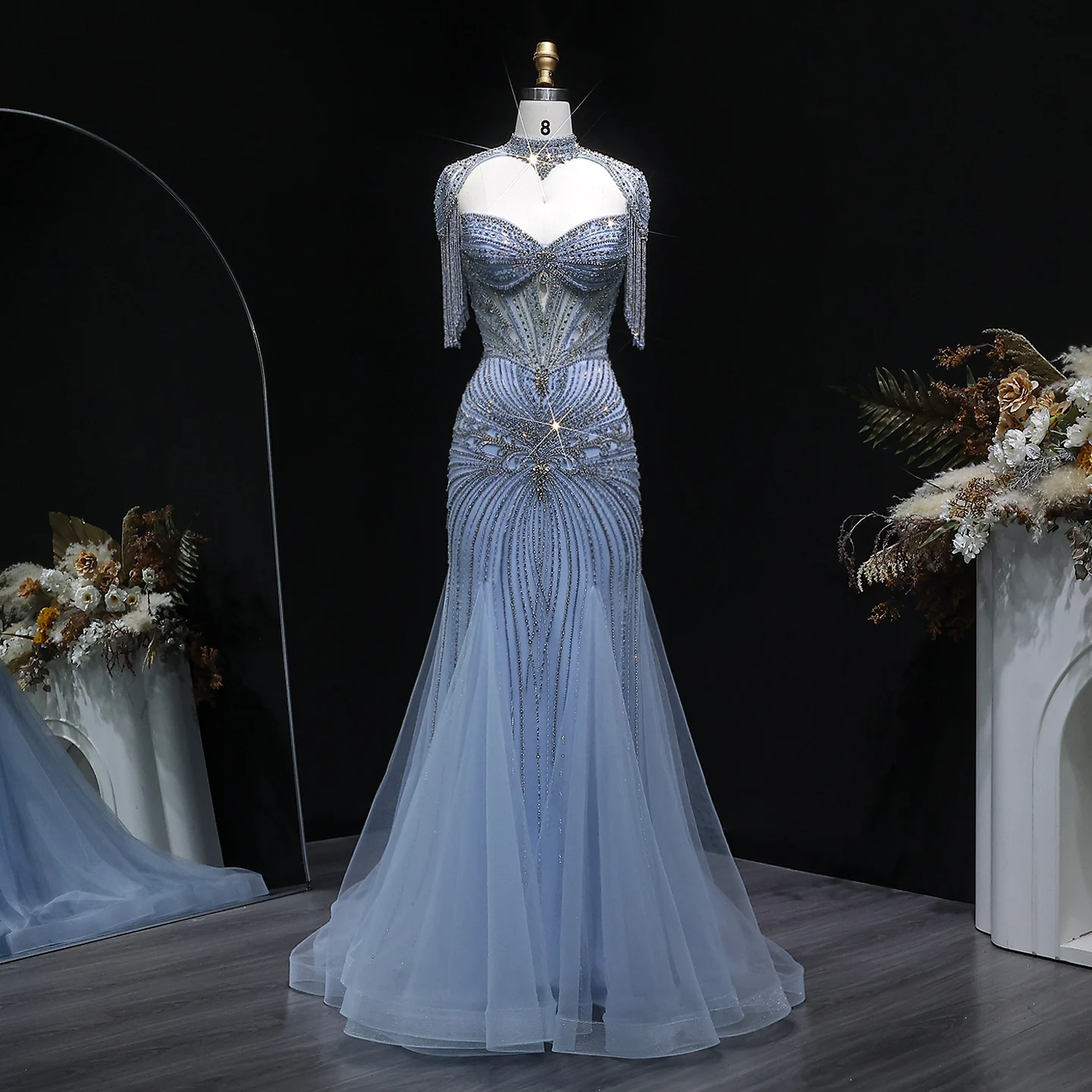 Sharon Said Elegantes Champagner-Meerjungfrauenkleid mit Cape-Ärmeln, Kristallperlen, Blaues Hochzeitskleid, SS021, Maßanfertigung – Detail 22