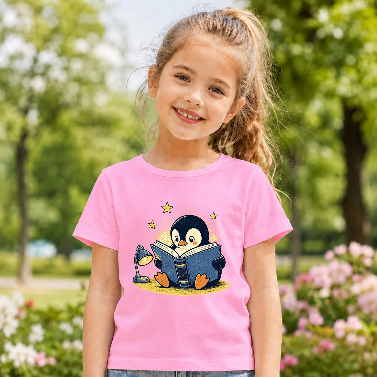 Summer Kids Girls T-shirt Cute Reading Penguin Book Star Cartoon Print Short Sleeve O-Neck Tees Children Casual Soft Cotton Tops