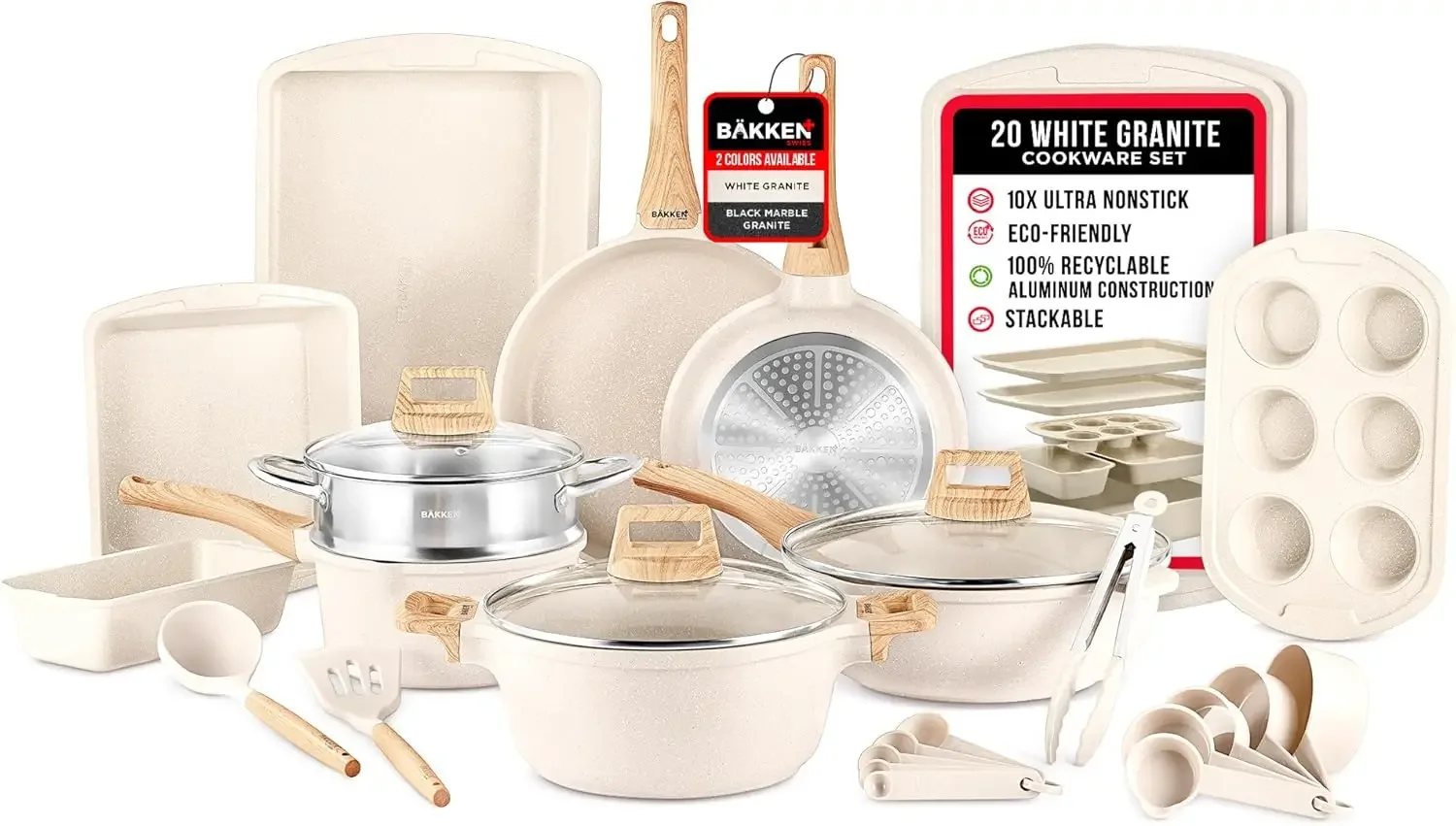 20-Piece Kitchen Cookware Set – Granite Non-Stick – Eco-Friendly – for All Stoves & Oven-Safe