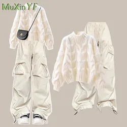 2025 Korean Elegant Autumn Winter New Tracksuit Matching Set Women's Fashion Knitted Sweater Jacket Pants Two-piece Female Suit