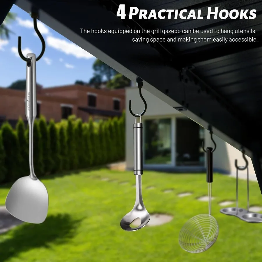 شرفة شواء صلبة 6.5 × 12 قدم شرفة شواء خارجية مع رفين جانبيين وسقف فولاذي مجلفن منحدر شواية معدنية دائمة Ca