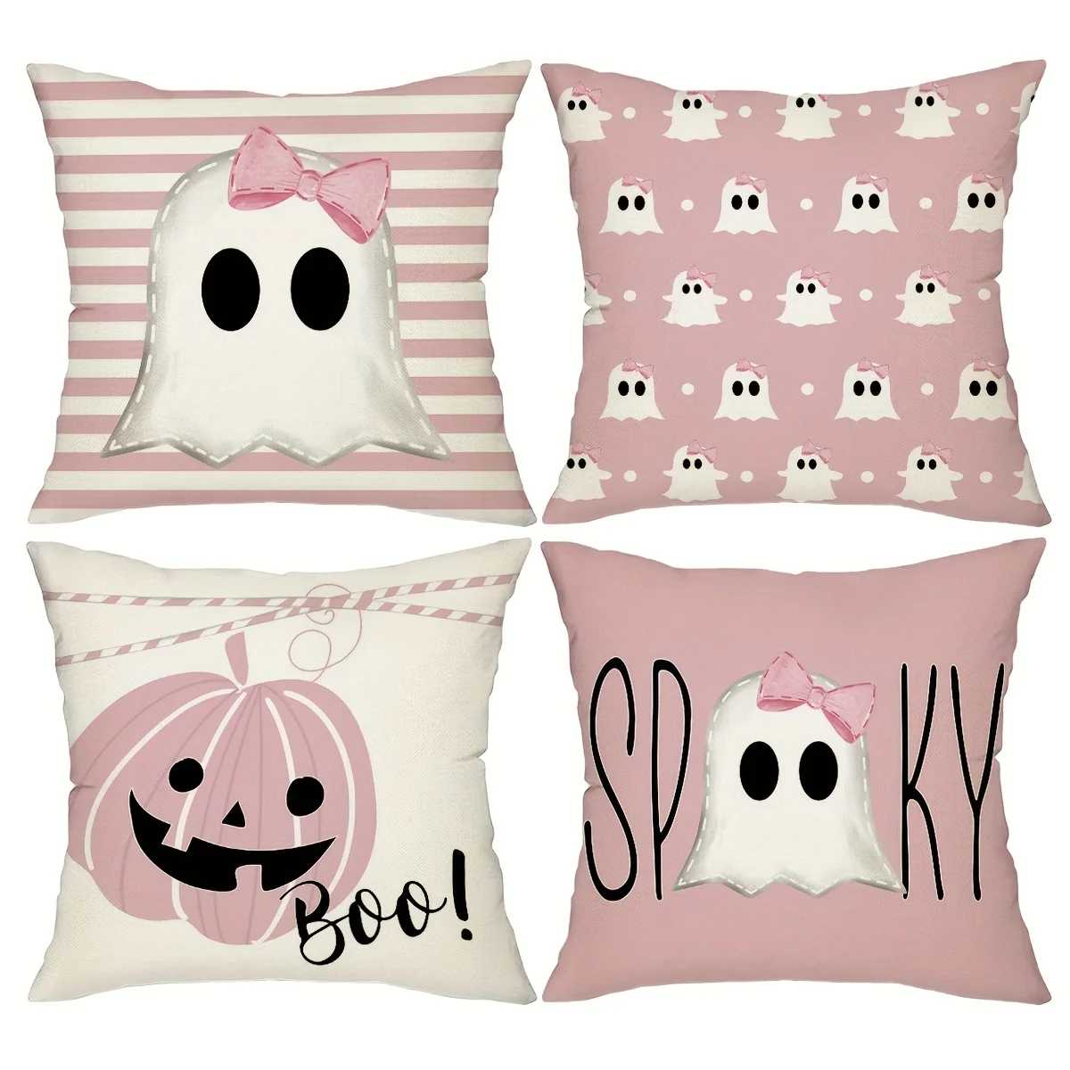 4pcs, Happy Halloween Throw Pillow Covers, Striped Polka Dots Spooky Ghost Spider  Decorative Cushion Covers, 18in*18in, Hallowe