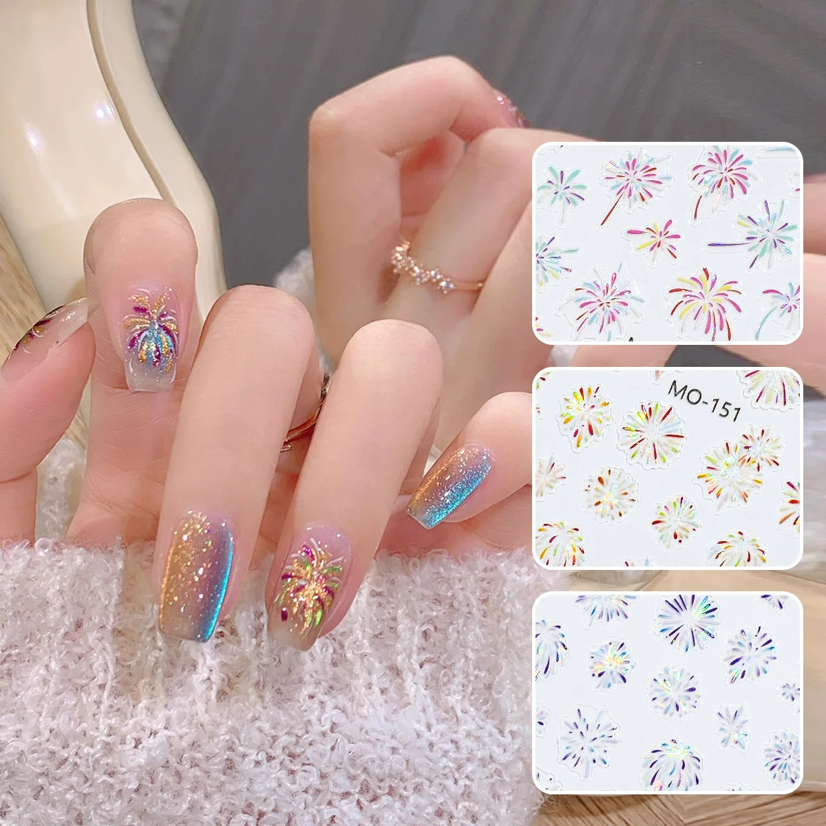 5D zelfklevende bloeiende kleurrijke vuurwerk nail art stickers laser vuurwerk nagelstickers nieuwjaar ontwerp nagelschuif