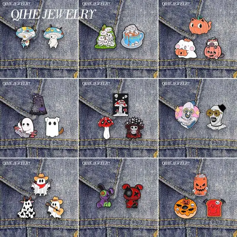 2-3pcs/set Halloween Skeleton Ghost Mushroom Enamel Pins Horror Evil Clown Voodoo Doll Witch Cat Pumpkin Skull Brooch Badge Gift