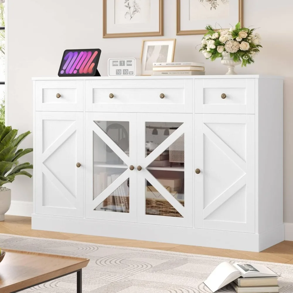 

Large 55" Buffet Sideboard with 4 Doors and 3 Drawers, Farmhouse Style Wooden Coffee Bar, Space-Saving Cupboard Furniture
