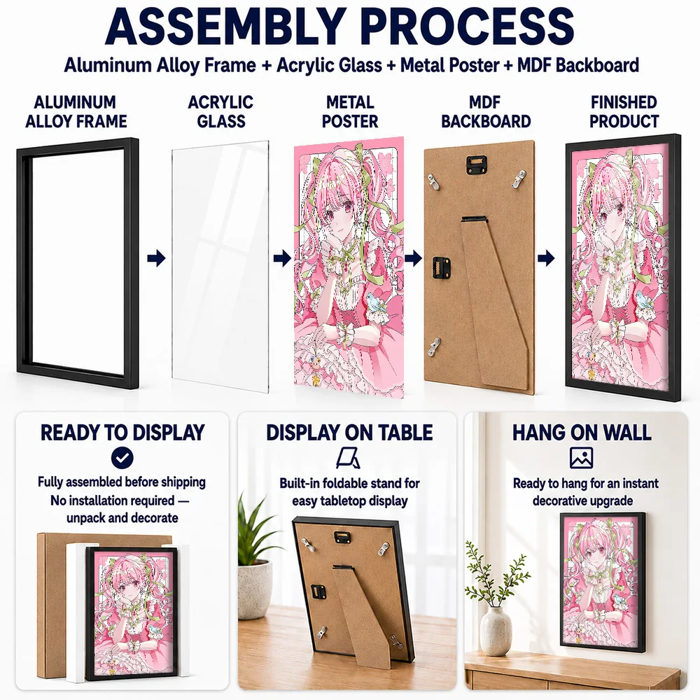 Cute Anime Girl In Pink Dress Framed Aluminum Metal Poster Customized Photo Dynamic Character Style Wall Art For Gaming Setup
