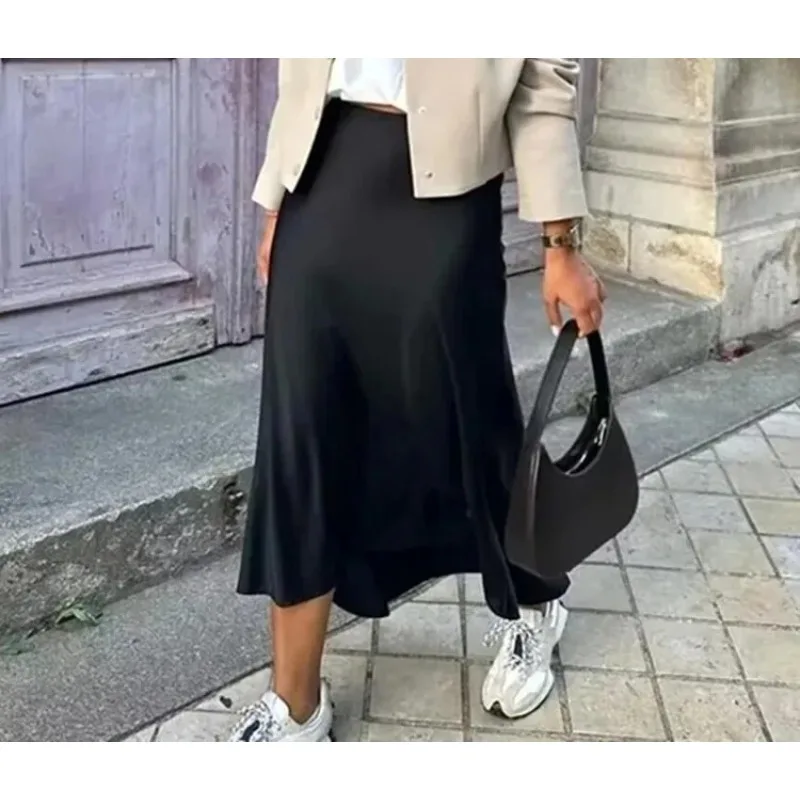 1pcs Black Satin Skirt Women's High Waist Elegant Skirt, Fashionable Maxi Skirt Office Ladies Skirt