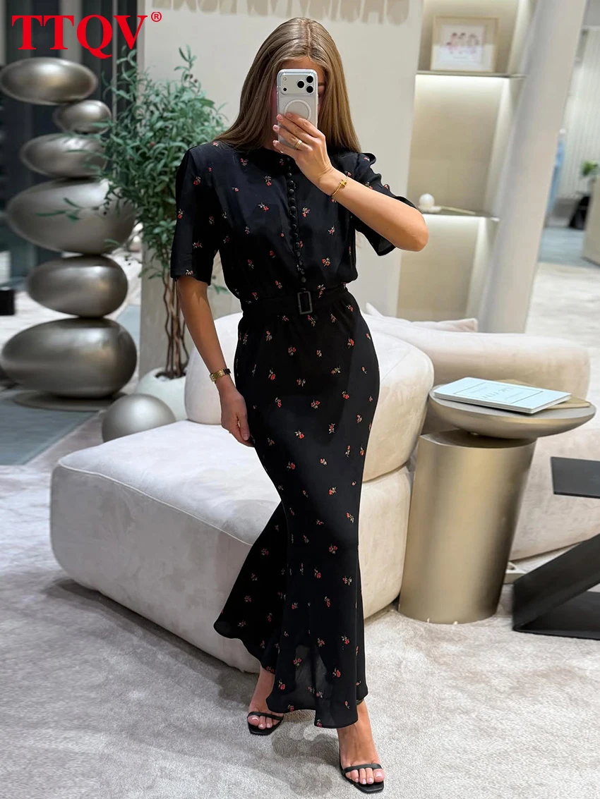 

TTQV Fashion Slim Print Women's Dress 2026 Summer O-Neck Short Sleeve Ankle Length Dresses Lady Elegant High Waist Female Dress
