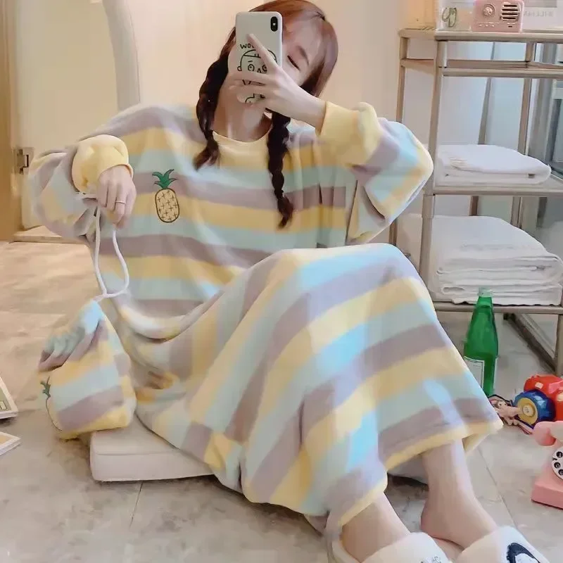 Long Womens Striped Sleeve Night Pajamas One Sleepwear Piece Winter Warm Embroidery Wear Nightgown Dress Korean Fleece Home 2023