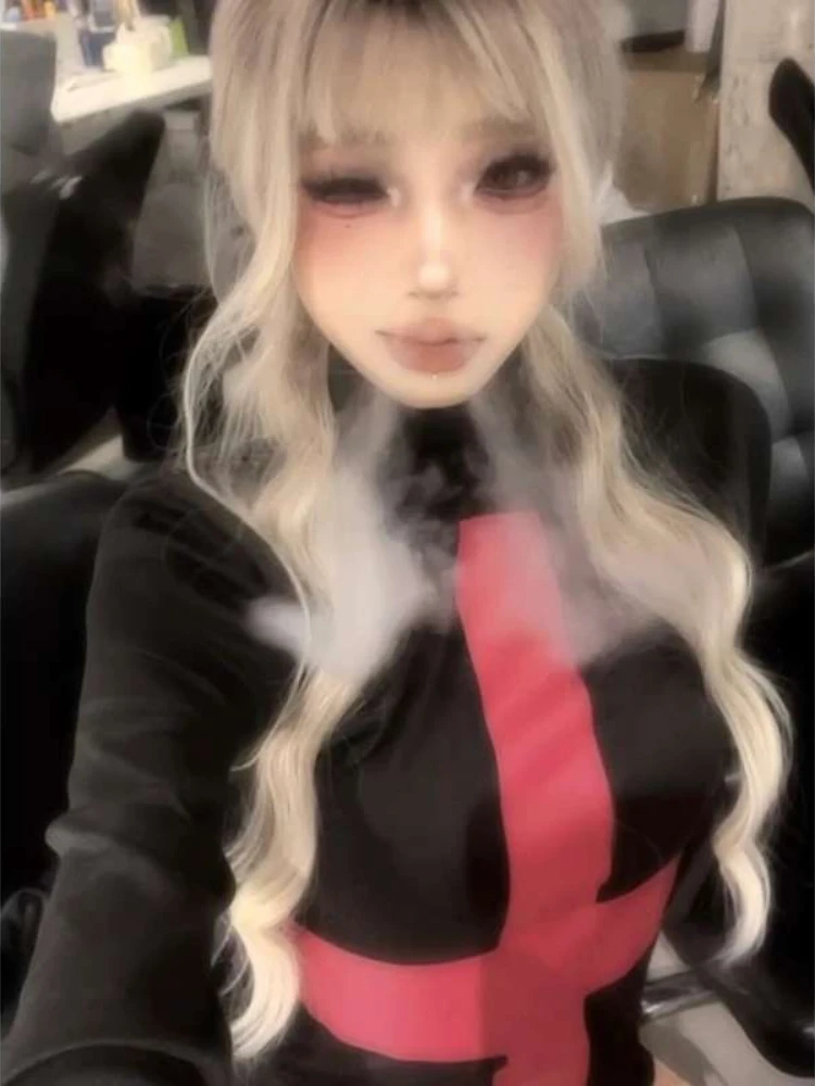 الخريف Y2k الأسود القوطية الصليب طباعة تي شيرت المرأة الحلو الساخن فتاة سليم صالح موضة تيز ثقافة فرعية خمر الشرير قاعدة القمم جديد #5