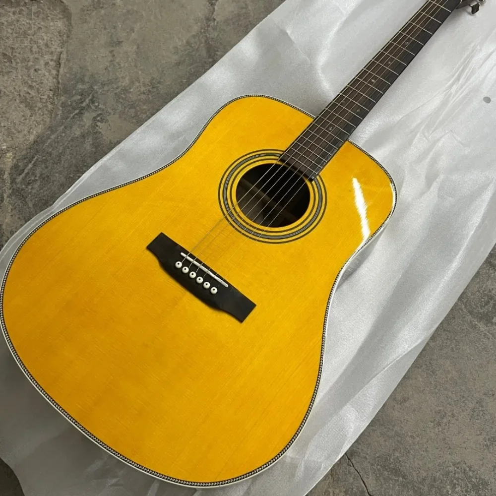 Yellow 6 String Wooden Acoustic Guitar HD-28 Folk Guitar Spruce Top with Rosewood Back Beginner Friendly