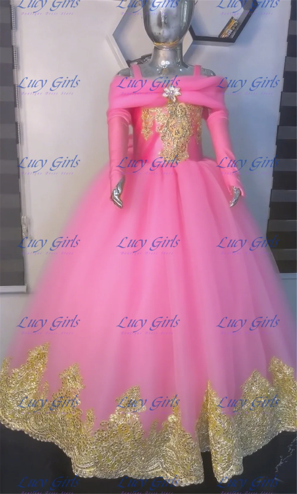 

Quality Luxurious Flower Girl Dress Tulle Fluffy With Gold Applique For Wedding Ball Dresses Kids Birthday Party Evening Gowns
